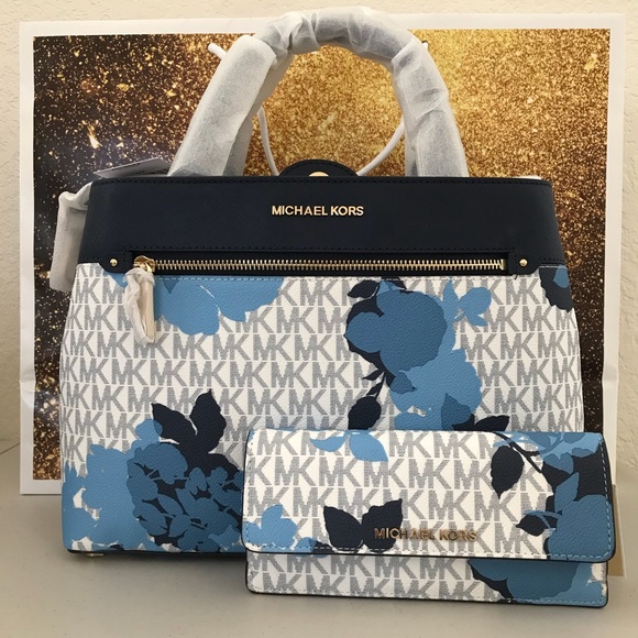 NWT MICHAEL KORS HAILEE MD NAVY FLORAL SATCHEL SET - Picture 3 of 8
